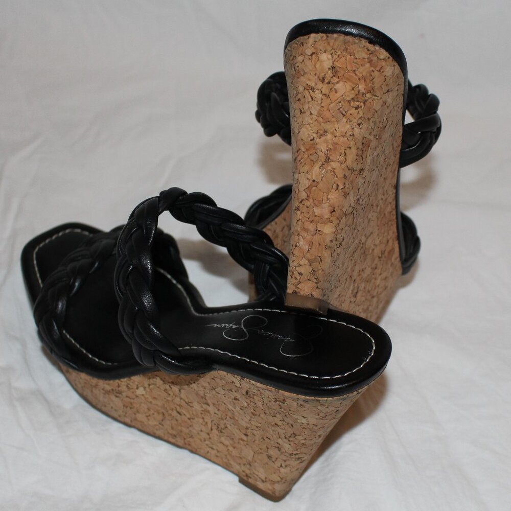 Jessica Simpson Black Leather Braided 2-Strap Cork Platform Wedge Sandals - Picture 8 of 16